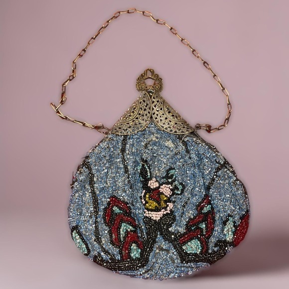 Antique 1920s Art Deco Micro Beaded Flapper Purse Floral Czech Glass Evening Bag - Picture 4 of 16